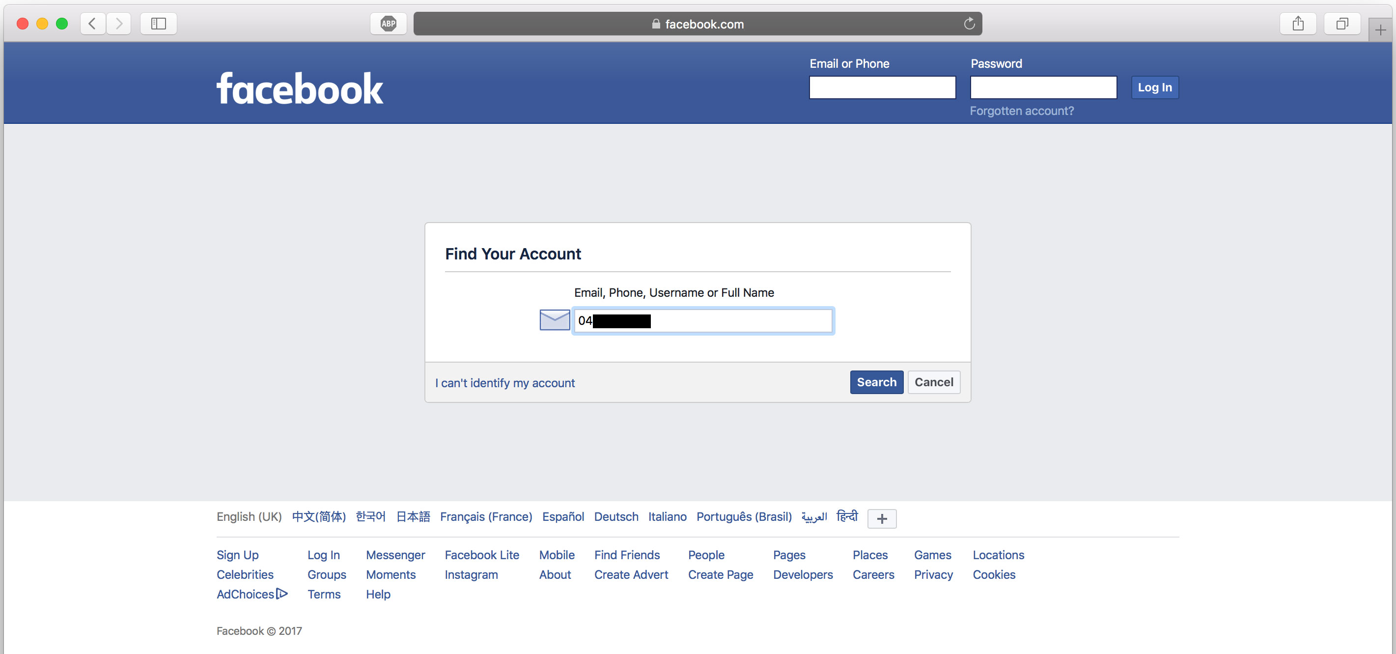 Facebook login page with &ldquo;Find your account&rdquo; to reset password